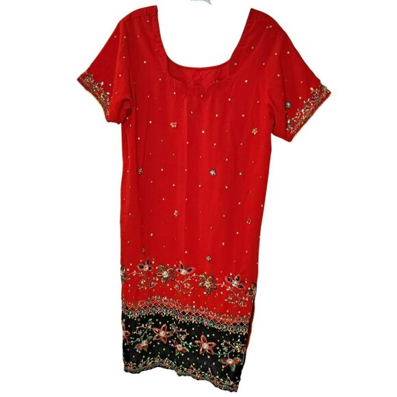 Punjabi Suit Est. L Red Black 3pc Embroidered + Bells Dupatta Desi Festival Y2K - Picture 10 of 15